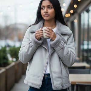 Hollister Faux Shearling Moto Jacket in Silvery Gray